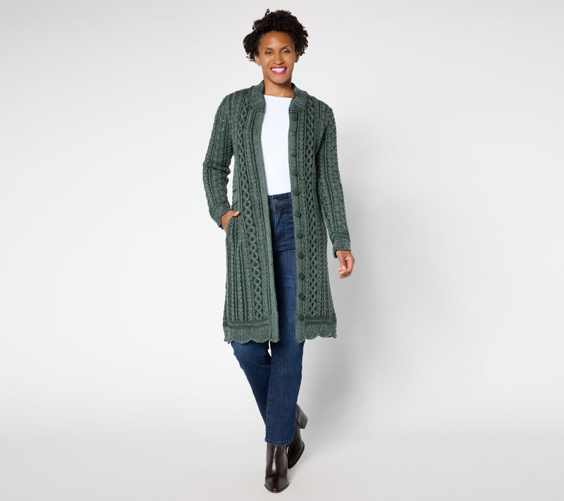 Aran Crafts Merino Wool Long Button Front Cardigan — View 10