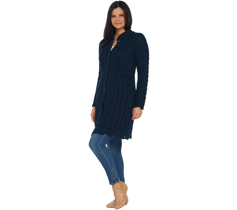 Aran Crafts Merino Wool Long Button Front Cardigan — View 8