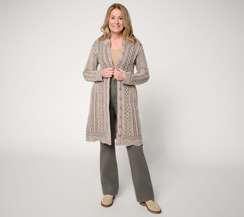 Aran Crafts Merino Wool Long Button Front Cardigan — View 29