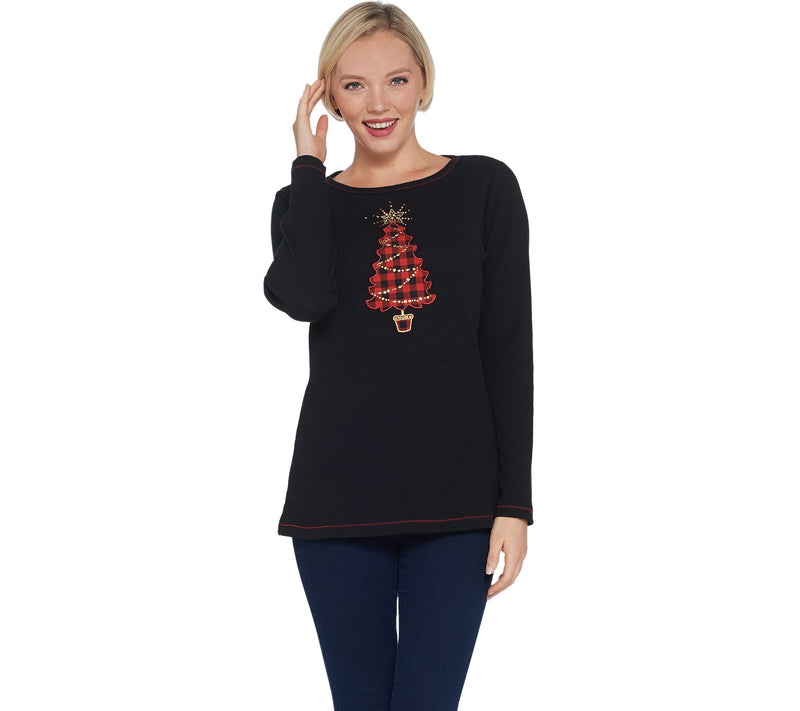 Quacker Factory Waffle Knit Top with Plaid Motif Detail — View 4