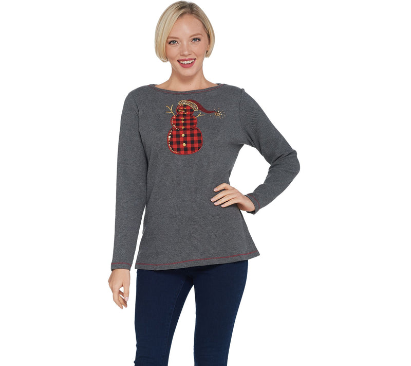 Quacker Factory Waffle Knit Top with Plaid Motif Detail — View 3