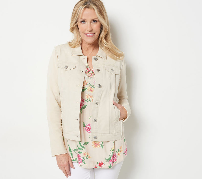Belle by Kim Gravel Twill Jacket with Knit Back and Sleeves — View 14