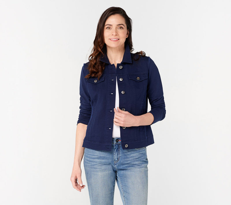 Belle by Kim Gravel Twill Jacket with Knit Back and Sleeves — View 15