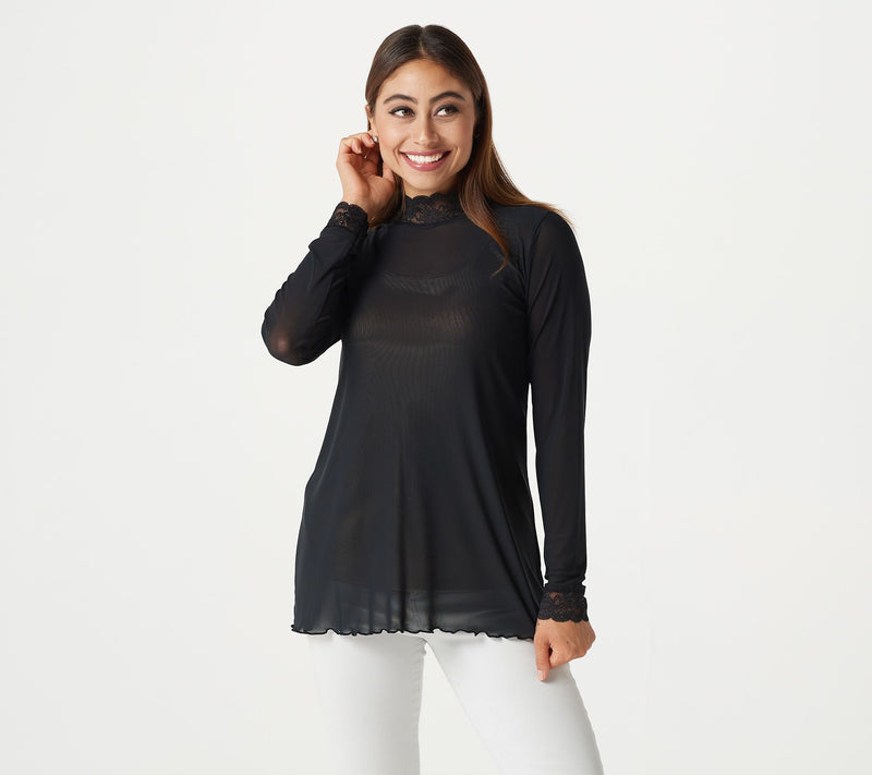 LOGO Layers by Lori Goldstein Sheer Mesh Mock Neck Top with Lace Trim — View 9