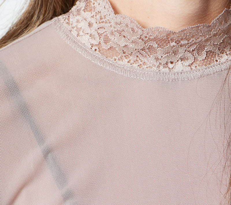 LOGO Layers by Lori Goldstein Sheer Mesh Mock Neck Top with Lace Trim — View 19