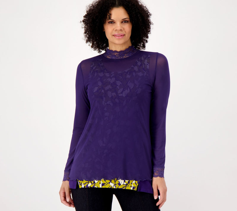 LOGO Layers by Lori Goldstein Sheer Mesh Mock Neck Top with Lace Trim — View 11