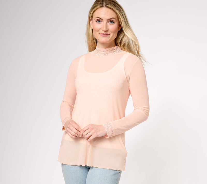 LOGO Layers by Lori Goldstein Sheer Mesh Mock Neck Top with Lace Trim — View 24