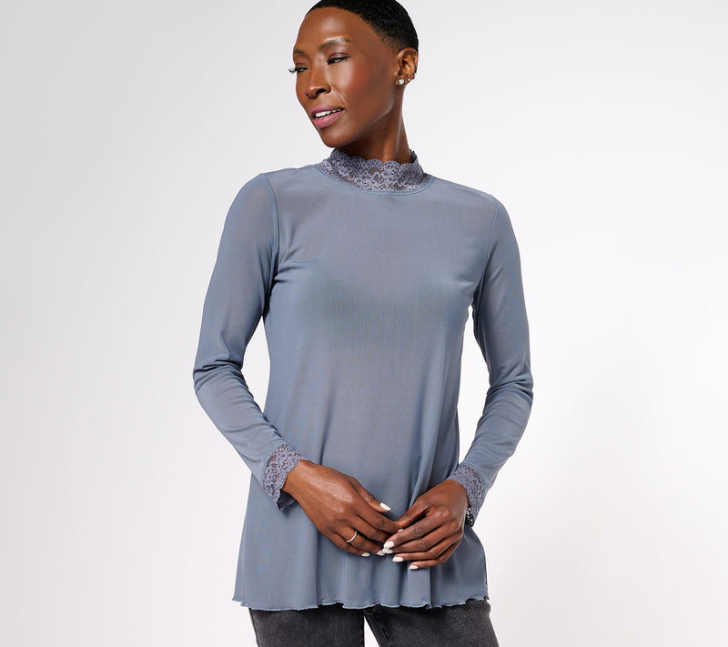 LOGO Layers by Lori Goldstein Sheer Mesh Mock Neck Top with Lace Trim — View 25