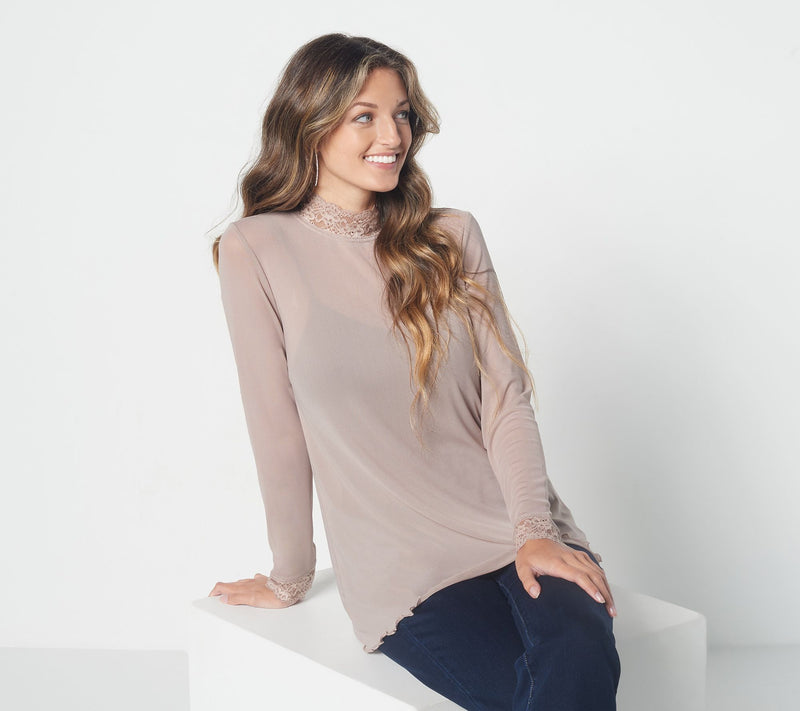 LOGO Layers by Lori Goldstein Sheer Mesh Mock Neck Top with Lace Trim — View 7