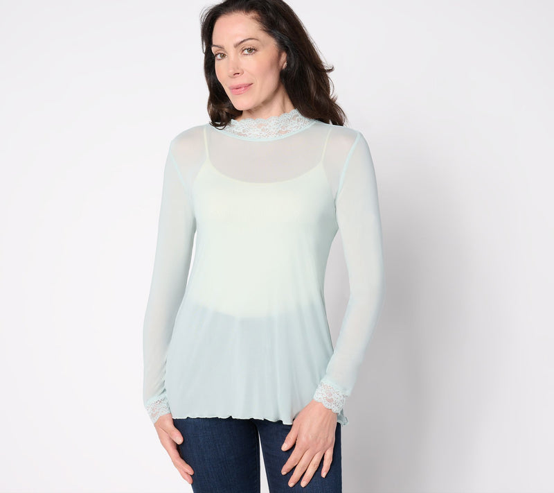LOGO Layers by Lori Goldstein Sheer Mesh Mock Neck Top with Lace Trim — View 26