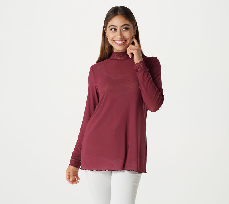LOGO Layers by Lori Goldstein Sheer Mesh Mock Neck Top with Lace Trim — View 3