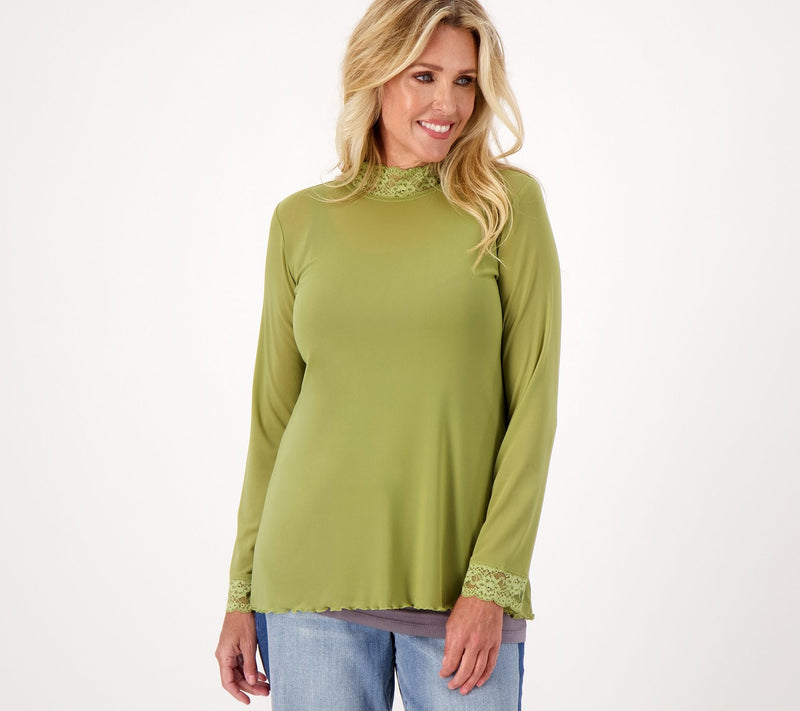 LOGO Layers by Lori Goldstein Sheer Mesh Mock Neck Top with Lace Trim — View 13