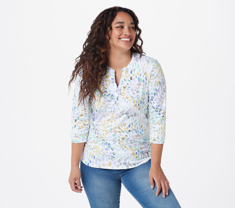 Denim & Co. Textured Knit 3/4-Sleeve Y-Neck Henley Top — View 5