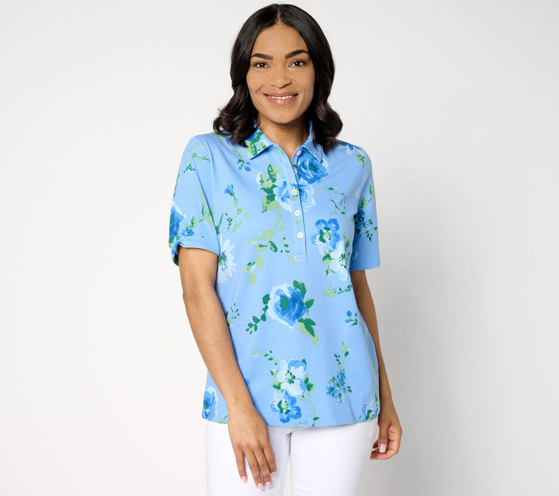 Isaac Mizrahi Live! Printed Pique Polo with Above-Elbow Sleeves — View 17