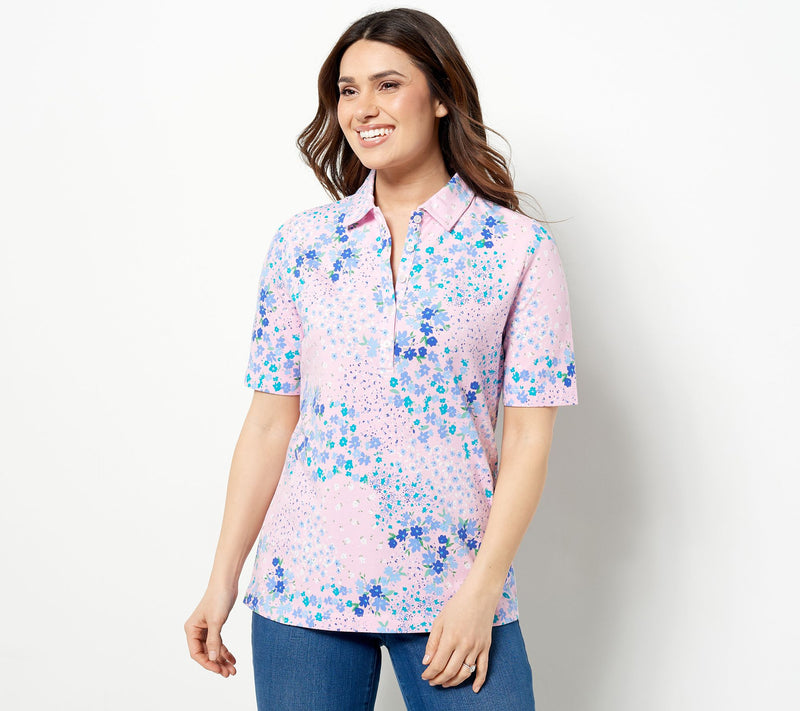 Isaac Mizrahi Live! Printed Pique Polo with Above-Elbow Sleeves — View 18