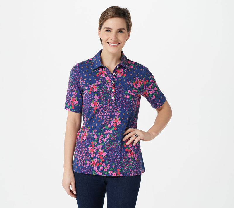 Isaac Mizrahi Live! Printed Pique Polo with Above-Elbow Sleeves — View 21