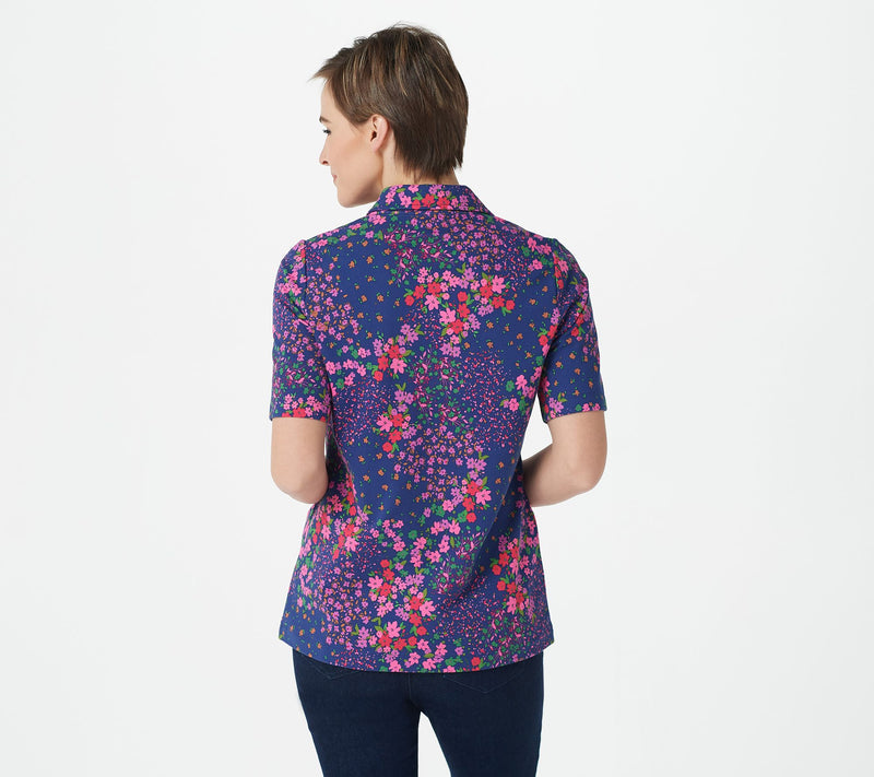 Isaac Mizrahi Live! Printed Pique Polo with Above-Elbow Sleeves — View 4