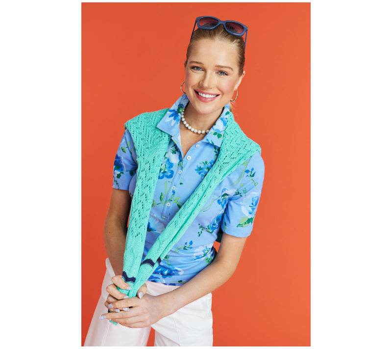 Isaac Mizrahi Live! Printed Pique Polo with Above-Elbow Sleeves — View 9
