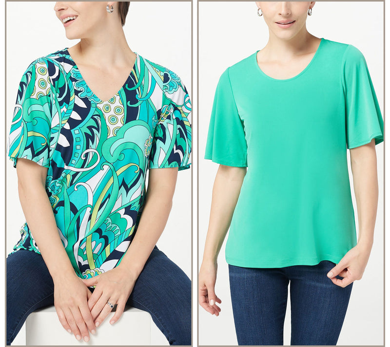 Susan Graver Set of Two Print & Solid Liquid Knit Tops — View 10