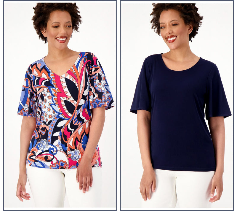 Susan Graver Set of Two Print & Solid Liquid Knit Tops — View 23