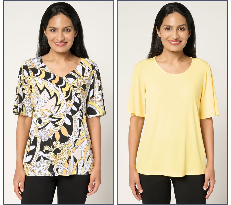 Susan Graver Set of Two Print & Solid Liquid Knit Tops — View 24