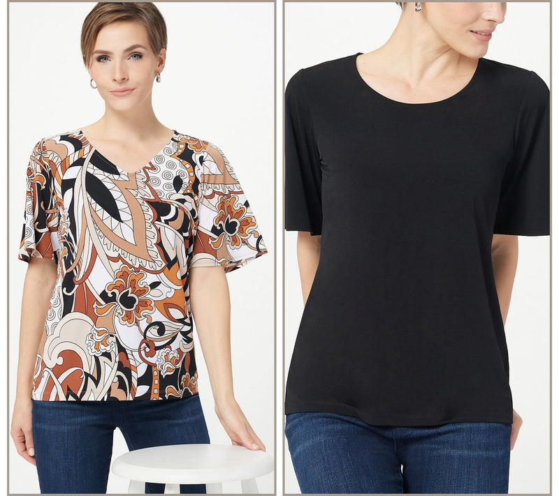 Susan Graver Set of Two Print & Solid Liquid Knit Tops — View 7