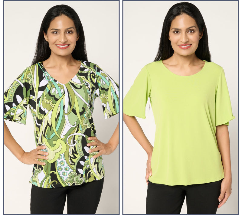Susan Graver Set of Two Print & Solid Liquid Knit Tops — View 25