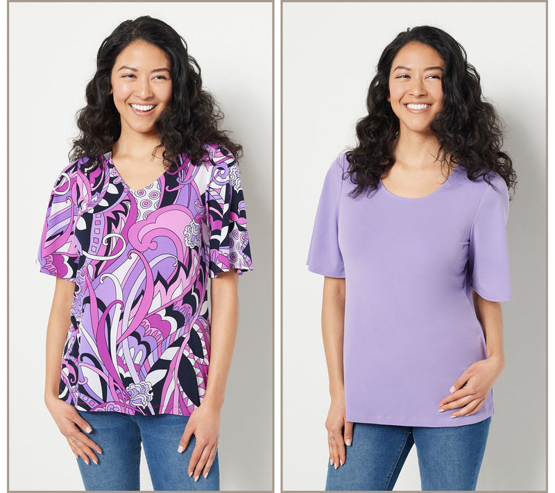 Susan Graver Set of Two Print & Solid Liquid Knit Tops — View 11