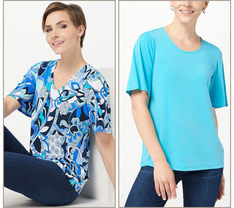 Susan Graver Set of Two Print & Solid Liquid Knit Tops — View 3