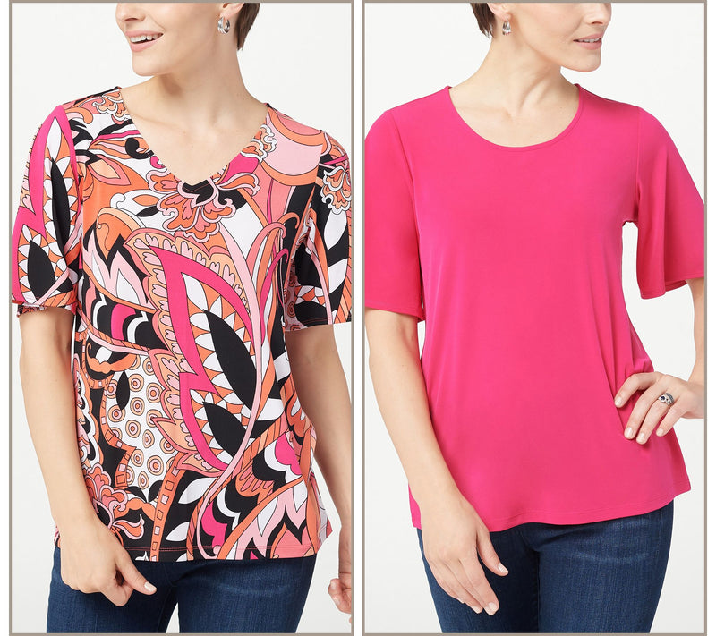 Susan Graver Set of Two Print & Solid Liquid Knit Tops — View 5