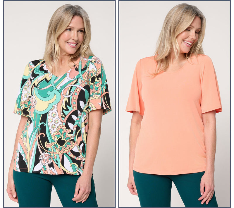 Susan Graver Set of Two Print & Solid Liquid Knit Tops — View 26