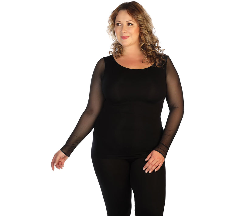 skinnytees Crew Neck Top with Mesh Sleeves - Plus — View 3