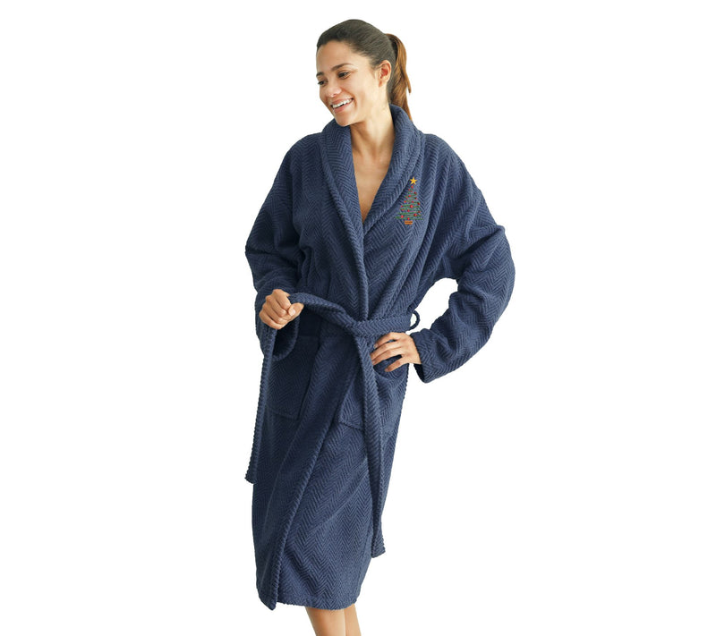 Linum Home Herringbone Robe w/ Embroidered Christmas Tree — View 9