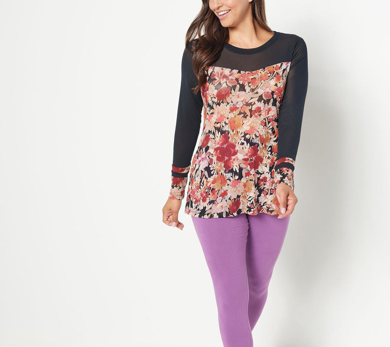 LOGO Layers by Lori Goldstein Printed Sheer Mesh Top with Solid Details — View 15