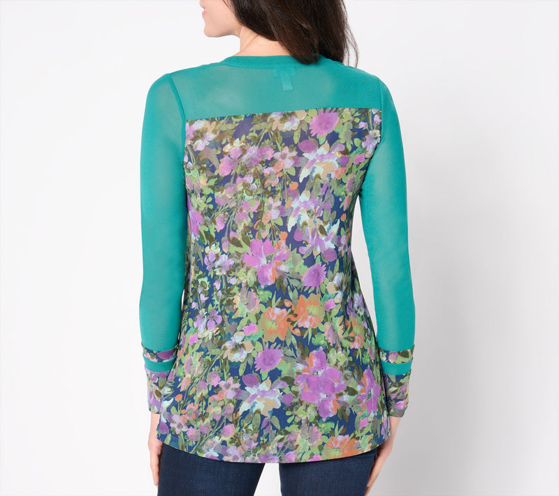 LOGO Layers by Lori Goldstein Printed Sheer Mesh Top with Solid Details — View 6