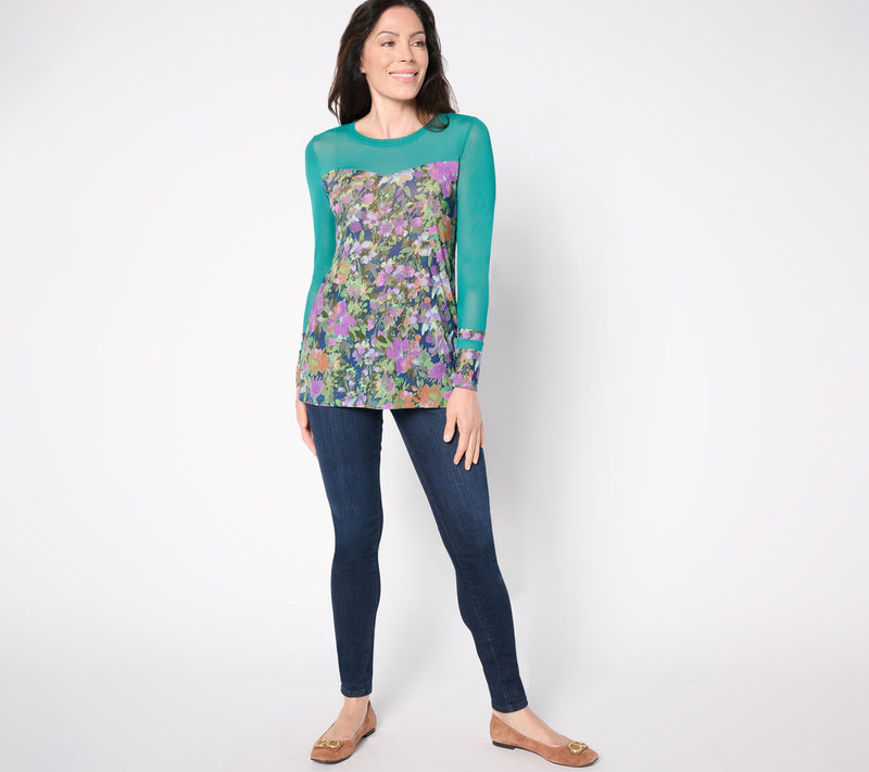LOGO Layers by Lori Goldstein Printed Sheer Mesh Top with Solid Details — View 7