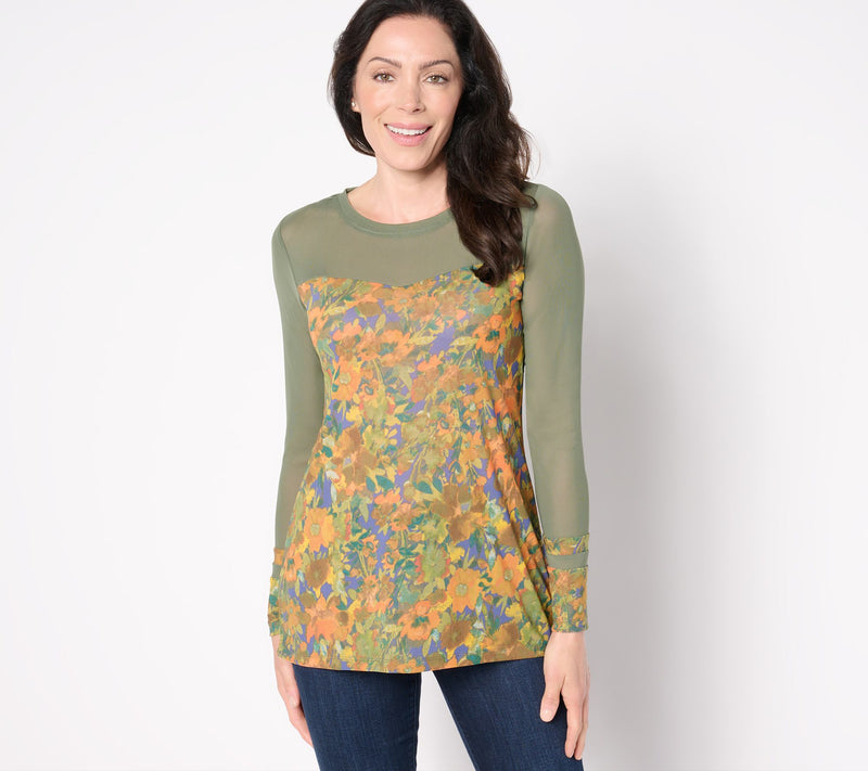 LOGO Layers by Lori Goldstein Printed Sheer Mesh Top with Solid Details — View 18