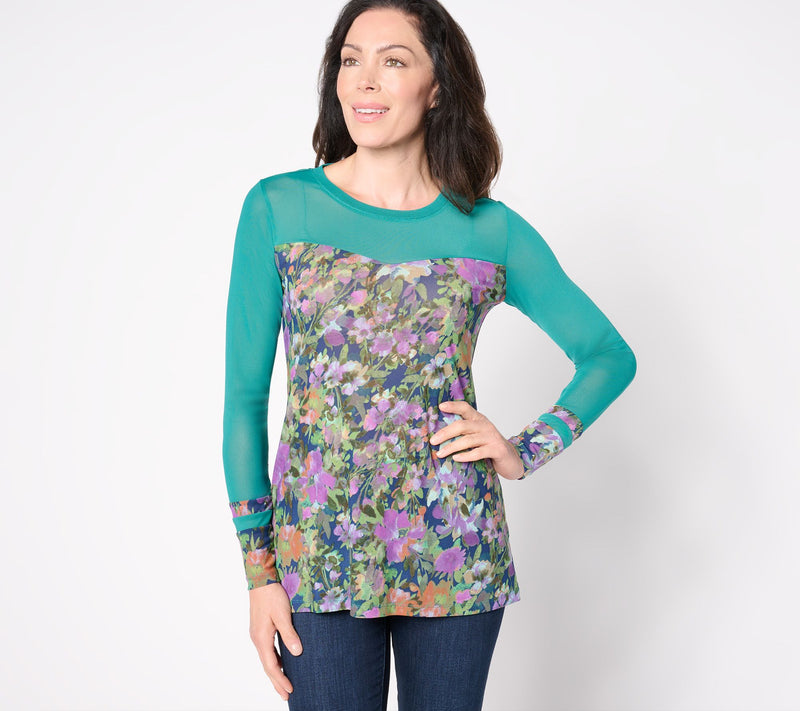 LOGO Layers by Lori Goldstein Printed Sheer Mesh Top with Solid Details — View 19