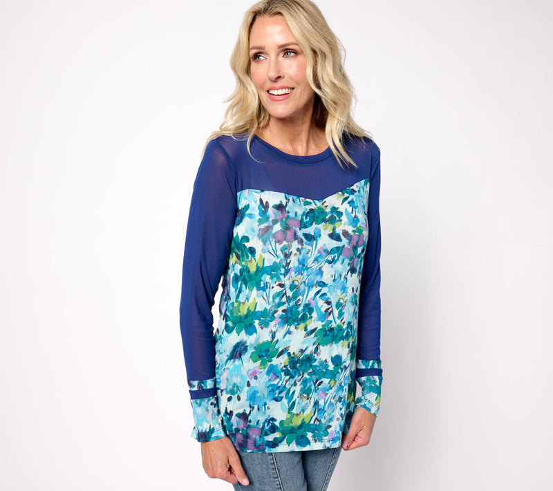 LOGO Layers by Lori Goldstein Printed Sheer Mesh Top with Solid Details — View 5