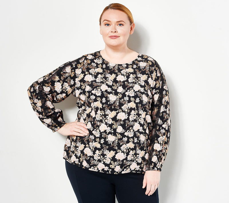 J Jason Wu Long Sleeve Foil Print Woven Blouse w/ Lace Trim — View 5