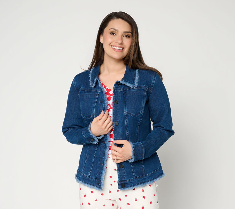 Susan Graver Stretch Denim Button-Front Frayed Jean Jacket — Main view