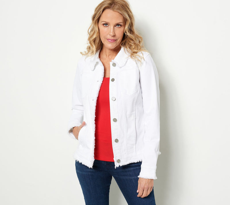 Susan Graver Stretch Denim Button-Front Frayed Jean Jacket — View 11