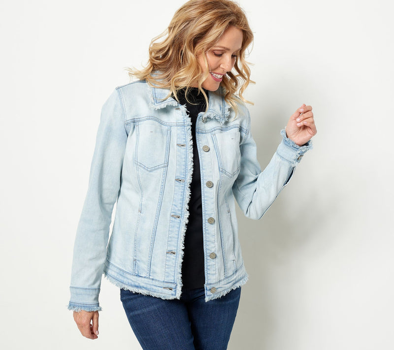 Susan Graver Stretch Denim Button-Front Frayed Jean Jacket — View 7