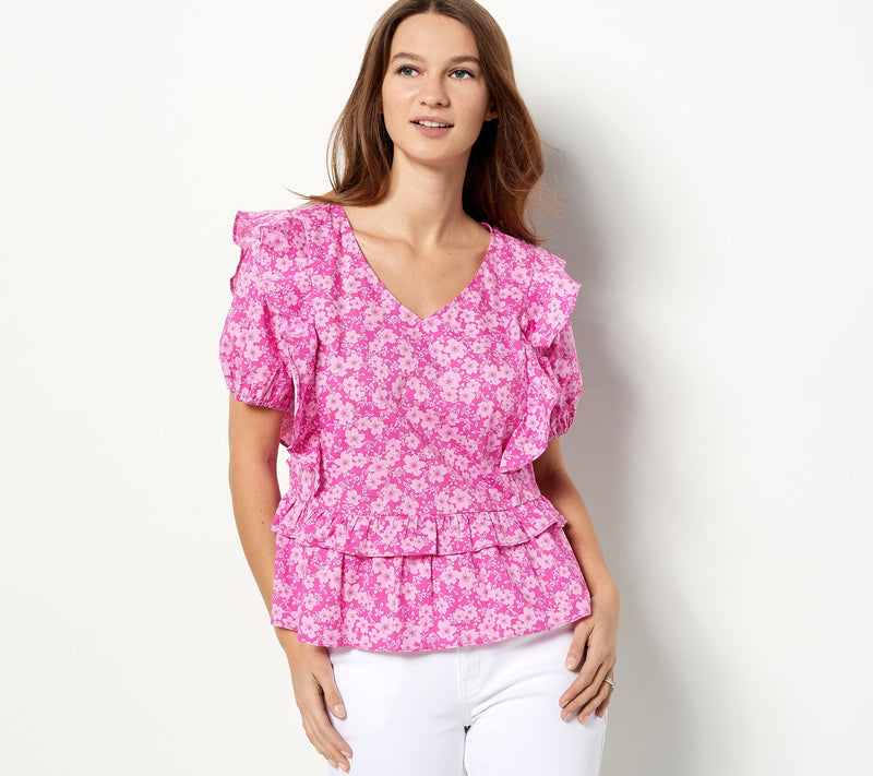 Candace Cameron Bure Ruffle Detail Peplum V-Neck Blouse — View 3