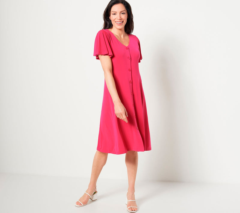 Susan Graver Regular Printed Liquid Knit Button Front Dress — View 16