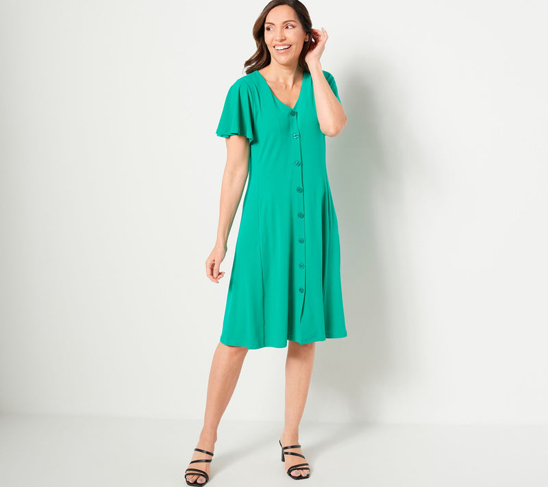 Susan Graver Regular Printed Liquid Knit Button Front Dress — View 18