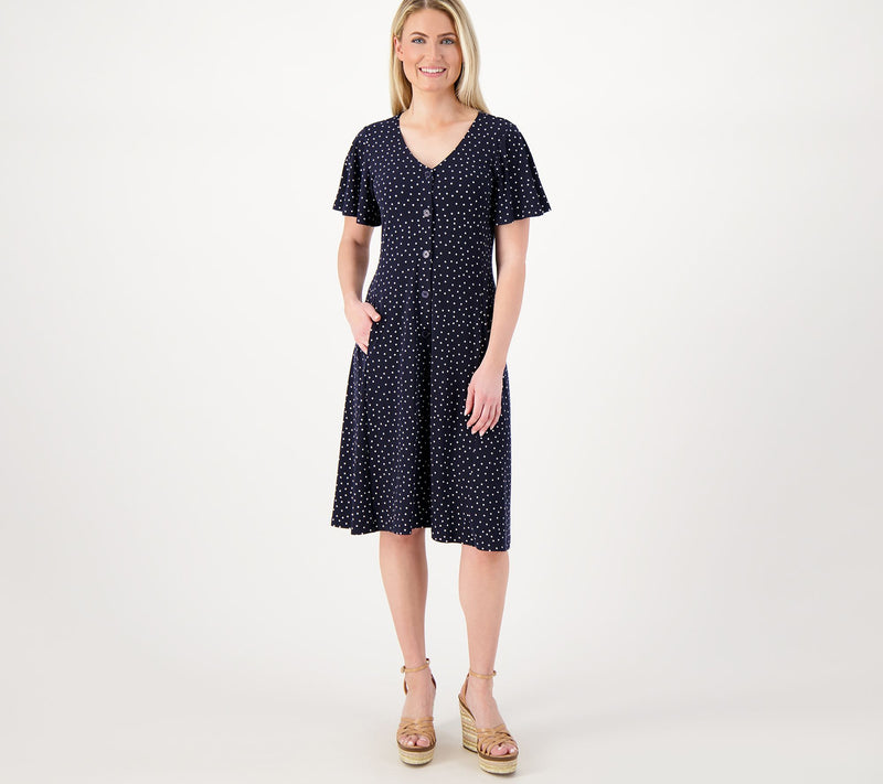 Susan Graver Petite Printed Liquid Knit Button Front Dress — View 15