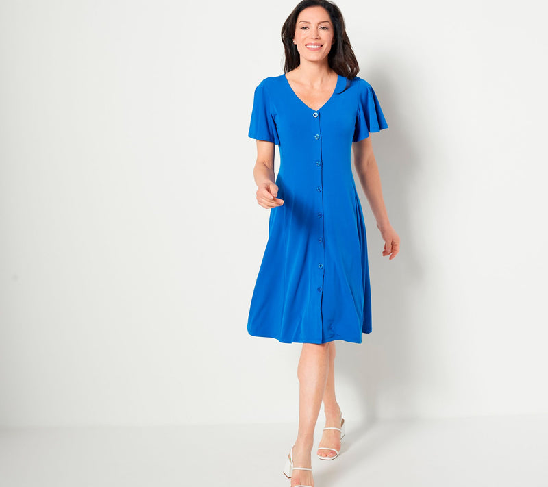 Susan Graver Petite Printed Liquid Knit Button Front Dress — View 11