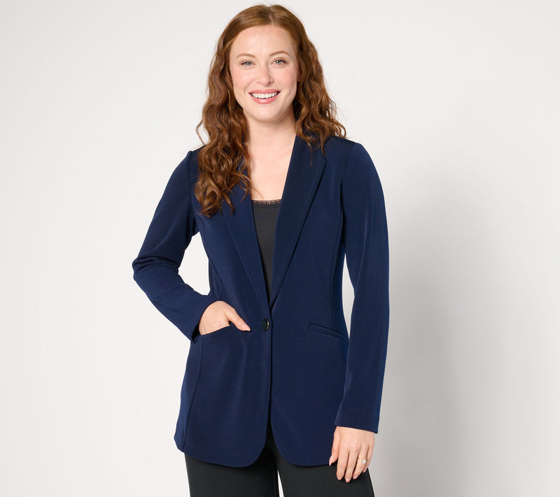 Susan Graver Regular Print or Solid LK Fusion Revere Collar Blazer — View 10