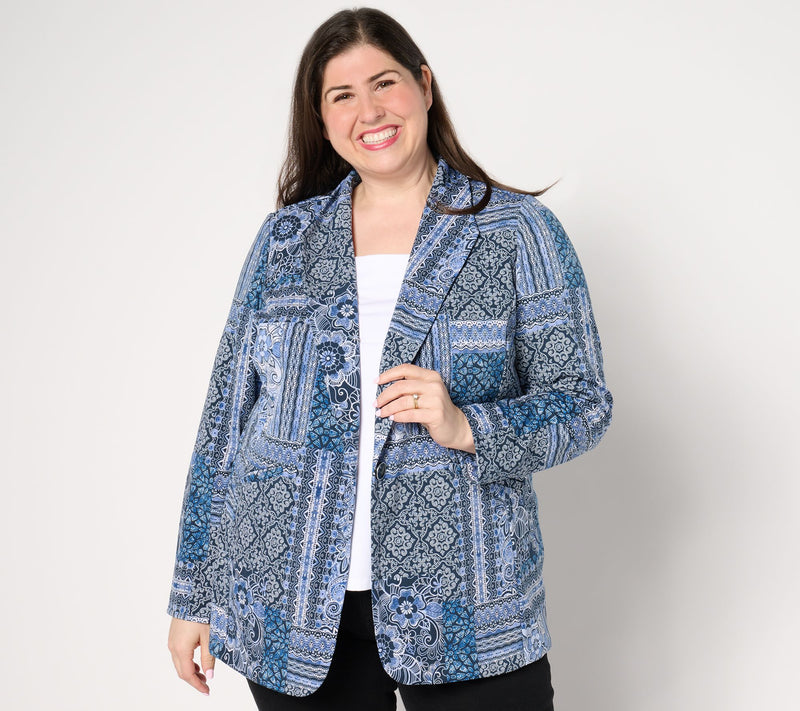 Susan Graver Regular Print or Solid LK Fusion Revere Collar Blazer — View 18